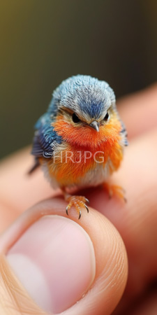 High Resolution: Close-up iridescent blue and orange hummingbird-sized bird perched on human finger with detailed feather textures visible download. | HRJPG.com