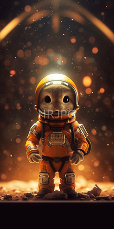 High Resolution: Adorable anthropomorphic mouse in orange astronaut gear with large round eyes and small ears standing on rocky terrain download. | HRJPG.com