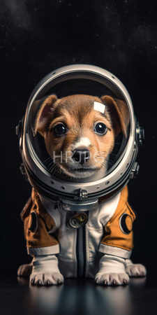 High Resolution: Adorable small brown white puppy large dark eyes wearing a realistic astronaut suit silver space helmet visor over its head download. | HRJPG.com