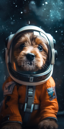 High Resolution: Adorable fluffy brown puppy dark eyes wearing an orange astronaut suit and silver space helmet with clear visor download. | HRJPG.com