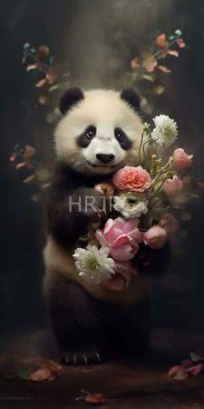 High Resolution: Adorable fluffy panda cub black white fur holding pink roses amidst scattered petals against dark background soft lighting download. | HRJPG.com