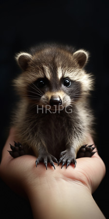 High Resolution: Adorable fluffy baby raccoon dark eyes light brown fur featuring black mask markings around its face sitting in someone's cupped hands download. | HRJPG.com