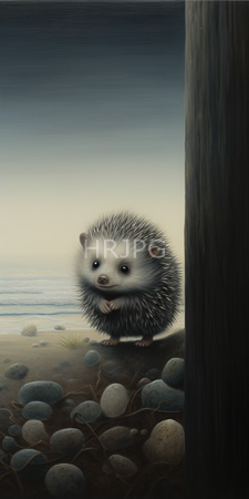 High Resolution: Adorable fluffy hedgehog large black eyes tiny pink nose standing on rocky beach near wooden post calm ocean download. | HRJPG.com