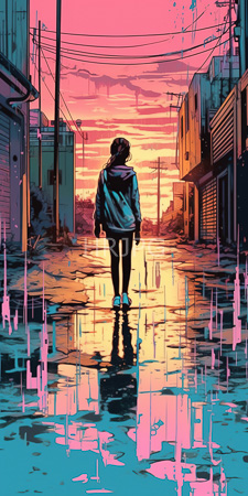 High Resolution: Anime-style girl standing in a flooded urban alleyway at sunset viewed from behind black leggings sneakers hair tied up download. | HRJPG.com