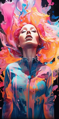 High Resolution: Ethereal woman light skin closed eyes wearing a blue jacket adorned in vibrant pink-orange-yellow paint splatters matching her fiery hair download. | HRJPG.com