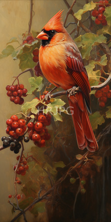 High Resolution: Orange-red cardinal with black facial markings perched on a branch adorned with clusters of red dark purple berries download. | HRJPG.com