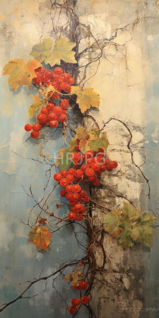 High Resolution: Oil painting depicting clusters of vibrant red berries with green and yellow leaves on thin brown branches against a textured blue-gray background download. | HRJPG.com