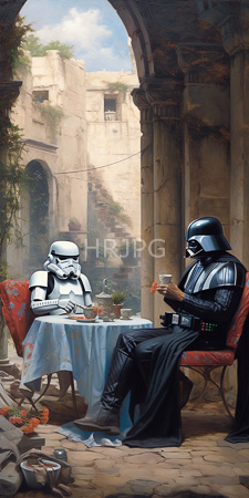 High Resolution: Darth Vader Imperial stormtrooper having tea in ruins under arches with ancient stone walls both wear white armor download. | HRJPG.com