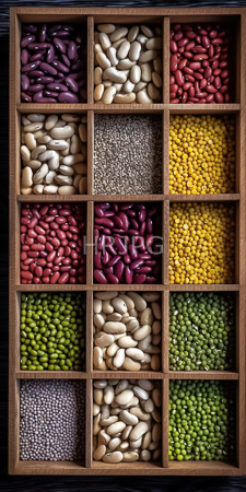 High Resolution: Wooden grid tray containing twelve compartments each filled with different types and colors of beans or lentils download. | HRJPG.com