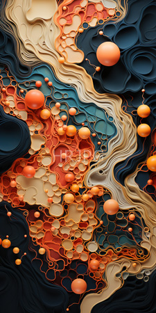 High Resolution: Abstract artwork featuring swirling fluid-like patterns in dark teal beige with vibrant orange spheres of varying sizes scattered throughout download. | HRJPG.com