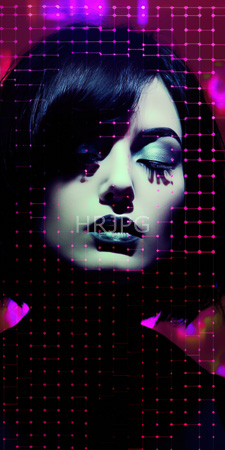 High Resolution: Androgynous person pale skin dark bob haircut closed eyes adorned in shimmering blue eyeshadow black lipstick illuminated by neon pink vertical lines download. | HRJPG.com