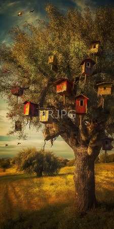 High Resolution: Old gnarled tree with numerous red and yellow birdhouses nestled in its branches against a golden sunset sky download. | HRJPG.com