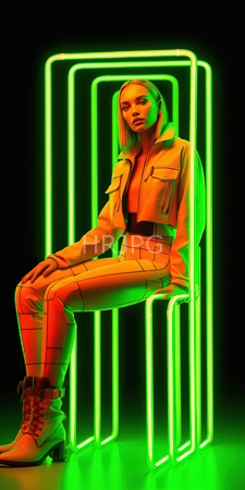 High Resolution: Attractive blonde woman straight hair wearing beige utility pants and jacket over black top sits confidently in front of glowing neon green frames download. | HRJPG.com