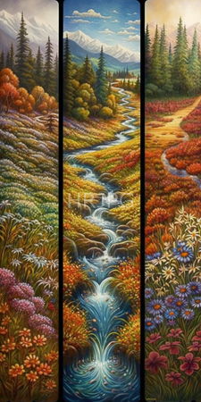 High Resolution: Intricately detailed colorful vibrant autumn landscape featuring a winding river with cascading waterfalls flowing through lush green and orange foliage download. | HRJPG.com