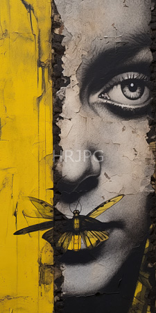 High Resolution: Street art abstract realistic close-up painting on textured concrete wall with peeling paint and cracks gray-skinned woman's eye dominates download. | HRJPG.com