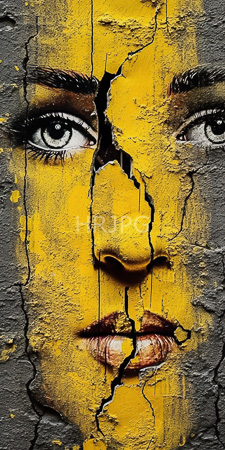 High Resolution: Graffiti art featuring cracked yellow-painted face with realistic eyes and lips on textured gray wall cracks divide features symmetrically download. | HRJPG.com