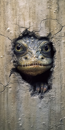 High Resolution: Amphibian-like creature with large expressive eyes and textured greenish-brown skin peering through a jagged hole in weathered concrete wall download. | HRJPG.com