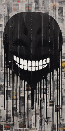High Resolution: Abstract painting featuring a large black dripping face with white teeth set against a textured background of overlapping gray and yellow newspaper download. | HRJPG.com