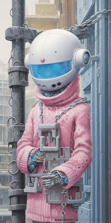 High Resolution: Android with white helmet blue visor screen showing reflection wearing pink knitted sweater and gloves holding mechanical chains download. | HRJPG.com