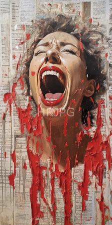 High Resolution: Intense realistic painting depicting a screaming woman with curly brown hair red lips against newspaper background mouth is wide open download. | HRJPG.com