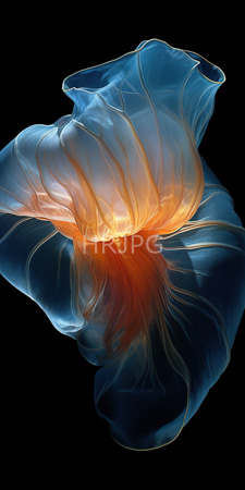 High Resolution: Abstract translucent flower-like shape with flowing blue and orange hues against a black background delicate folds resembling petals download. | HRJPG.com