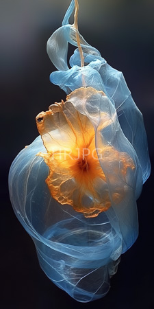 High Resolution: Ethereal translucent blue and orange jellyfish-like object floating against a dark background delicate structure features flowing ribbons download. | HRJPG.com