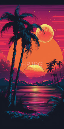 High Resolution: Exotic sunset scene featuring silhouetted palm trees one tall and prominent on left with frayed leaves against vibrant pink-orange sky download. | HRJPG.com