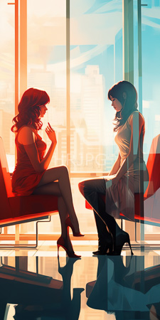 High Resolution: Two women in modern office chairs facing each other through large glass windows with cityscape background at sunset download. | HRJPG.com