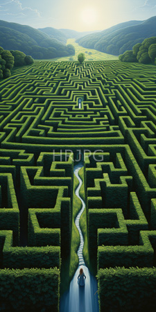 High Resolution: Expansive lush green maze with intricate pathways and hedges under bright sunlight on rolling hillsides lone figure in blue jacket download. | HRJPG.com