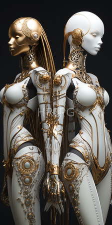 High Resolution: Two futuristic humanoid robots standing back-to-back against a dark background one with gold white armor another has silver-white skin download. | HRJPG.com