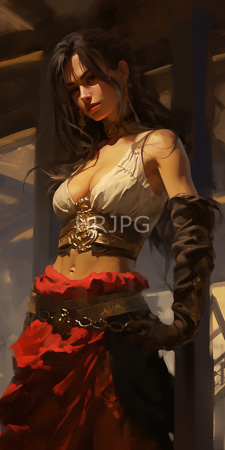 High Resolution: Attractive dark-haired woman long hair red eyes in fantasy attire white crop top gold armor accents black arm sleeves download. | HRJPG.com