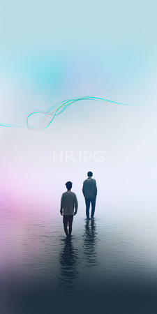 High Resolution: Two silhouetted men standing in shallow water facing away from each other and towards an ethereal misty horizon download. | HRJPG.com