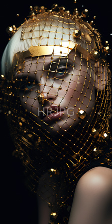 High Resolution: Androgynous person pale skin platinum blonde bob haircut wearing gold mesh veil adorned with small reflective squares download. | HRJPG.com