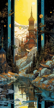 High Resolution: Enchanting winter village scene with snow-covered mountains tall ornate church domes under a glowing yellow moonlit sky reflected in still water download. | HRJPG.com