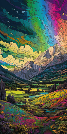 High Resolution: Intricately detailed illustration of vibrant colorful mountains and valleys under swirling rainbow skies with clouds green meadows download. | HRJPG.com
