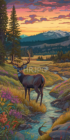 High Resolution: Antlered deer standing in a vibrant rocky stream during sunset with colorful clouds and mountains lush greenery purple wildflowers download. | HRJPG.com