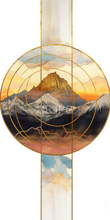 High Resolution: Stained glass style featuring a central oval frame with golden lines intersecting it depicting snow-capped mountains under a sunset sky download. | HRJPG.com