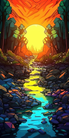 High Resolution: Enchanting sunset over rocky stream with vibrant colors of orange yellow sky blending into green forest on either side download. | HRJPG.com