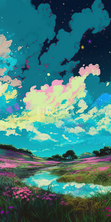 High Resolution: Enchanting night landscape featuring vibrant colorful clouds in shades of pink and yellow against a starry sky turquoise water reflects download. | HRJPG.com