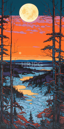 High Resolution: Enchanting winter sunset over snow-covered forested hills viewed from within tall pine trees with bare branches in foreground download. | HRJPG.com