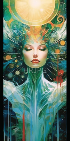 High Resolution: Ethereal fair-skinned woman closed eyes and red lips flowing teal hair adorned by abstract patterns resembling sun rays download. | HRJPG.com