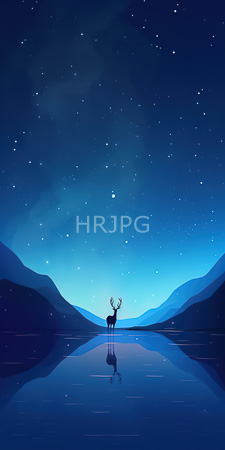 High Resolution: Antlered deer standing on calm reflective water under a starry night sky with blue gradients in mountains and lake download. | HRJPG.com