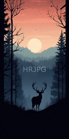 High Resolution: Silhouetted majestic deer with large antlers standing in an eerie forest at sunset framed by leafless trees and evergreens download. | HRJPG.com