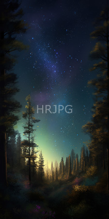 High Resolution: Enchanting night forest scene featuring tall pine trees silhouetted against a starry sky with visible Milky Way galaxy streaks download. | HRJPG.com