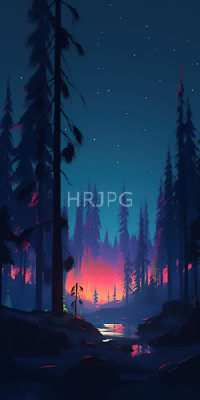High Resolution: Enchanting twilight forest scene with tall pine trees silhouetted against vibrant pink orange sky at sunset stars dot the deep blue night download. | HRJPG.com