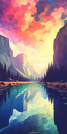 High Resolution: Ethereal sunset landscape featuring vibrant pixelated colors in shades of pink orange yellow and purple over towering mountains download. | HRJPG.com