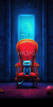 High Resolution: Anthropomorphic blue cat with yellow eyes sitting on ornate red velvet throne chair in front of glowing portal download. | HRJPG.com