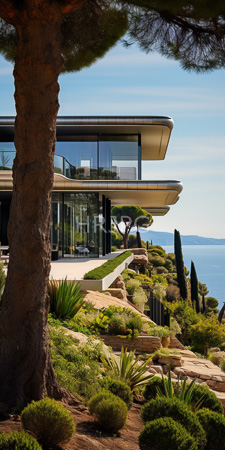 High Resolution: Modern two-story house with large glass windows and overhanging balconies on rocky hillside overlooking blue sea lush greenery download. | HRJPG.com