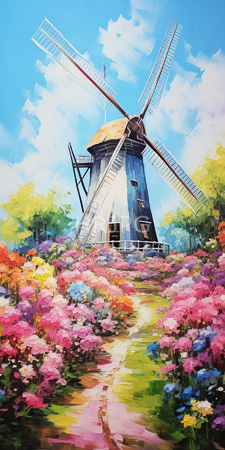 High Resolution: Old windmill with blue and white wooden panels set amidst vibrant pink purple red yellow flowers winding path download. | HRJPG.com