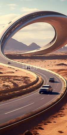 High Resolution: Three sleek modern cars driving on an elevated highway that curves through a desert landscape with arid terrain download. | HRJPG.com